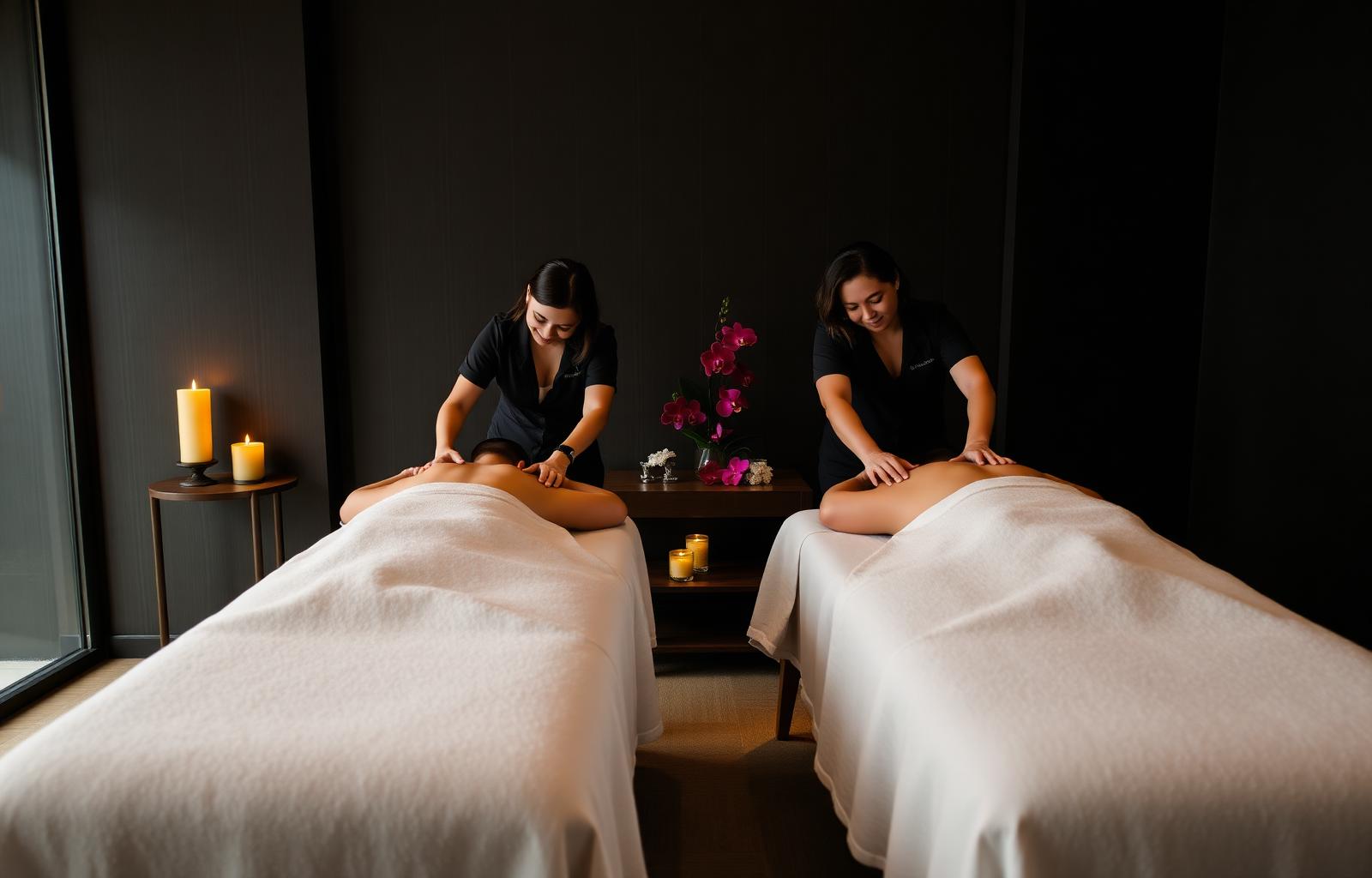 A couple receiving a relaxing side-by-side massage in a candlelit room at Cataleya