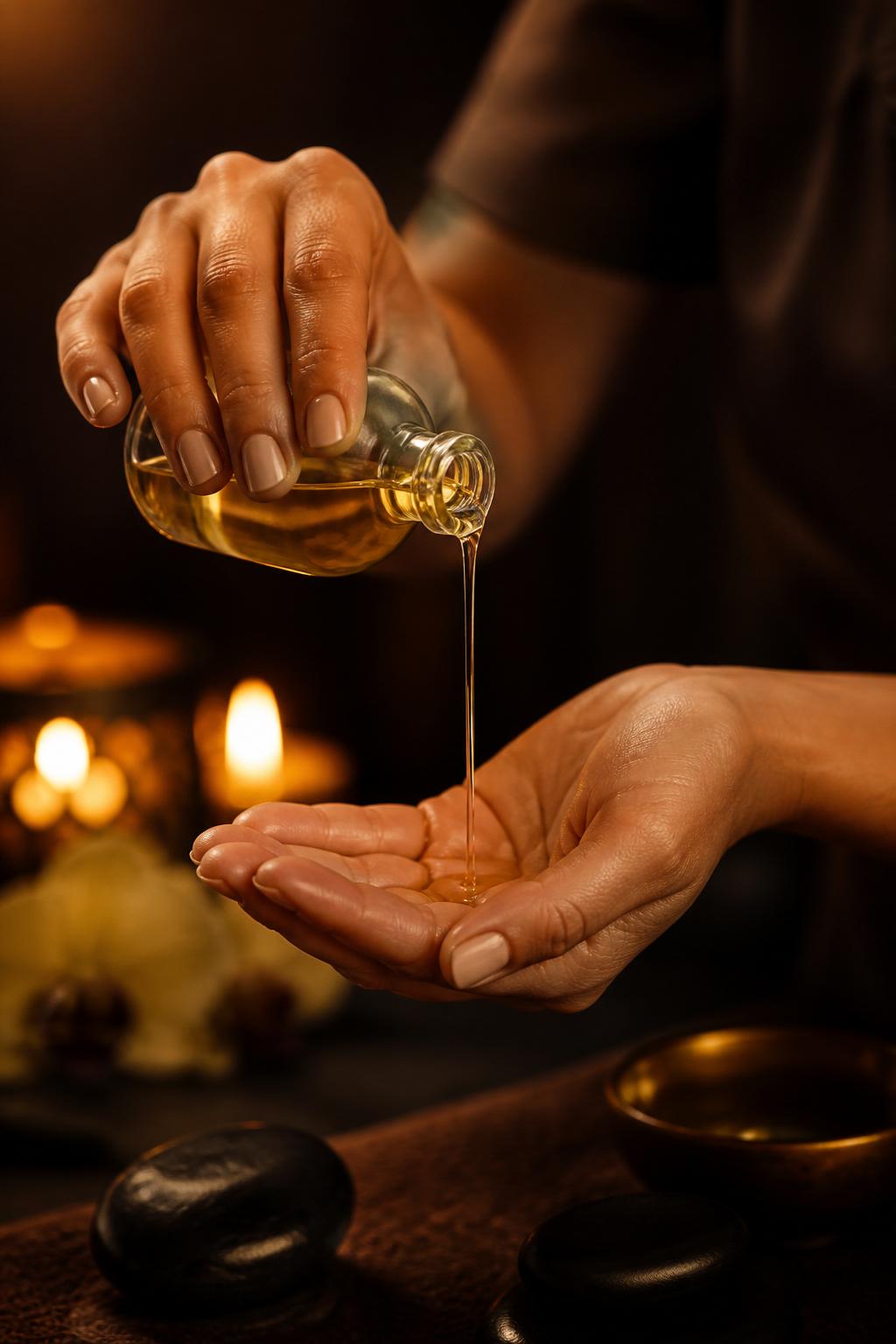 Therapist preparing warm aromatherapy oil